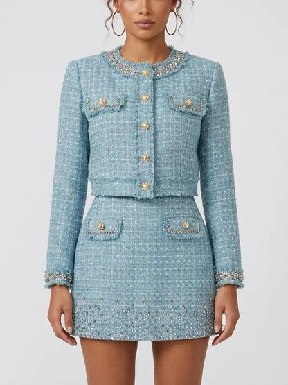 Crystal-Embellished Tweed Jacket and Dress Set - S - Suits & Sets