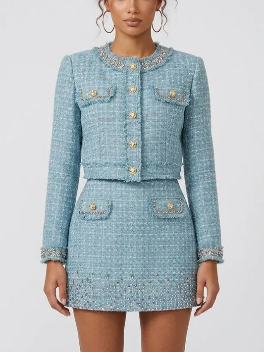 Crystal-Embellished Tweed Jacket and Dress Set - S - Suits & Sets