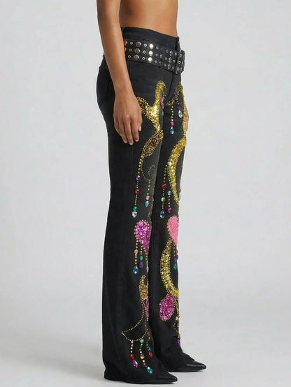 Crystal-Embellished Black Flared Jeans with Studded Belt - Jeans & Pants