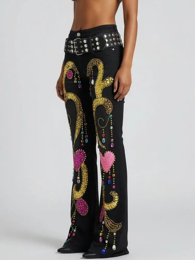 Crystal-Embellished Black Flared Jeans with Studded Belt - Jeans & Pants