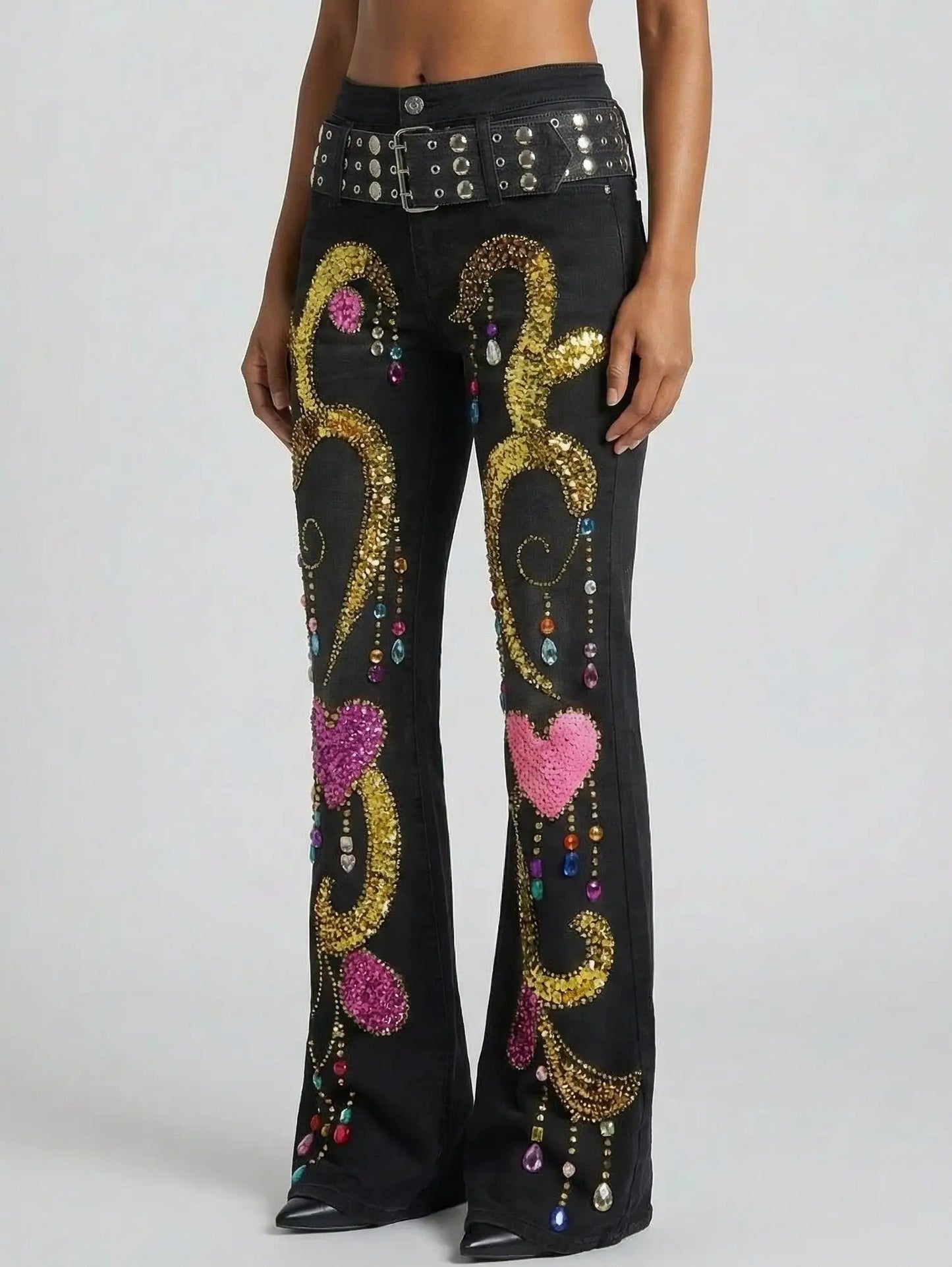 Crystal-Embellished Black Flared Jeans with Studded Belt - Jeans & Pants