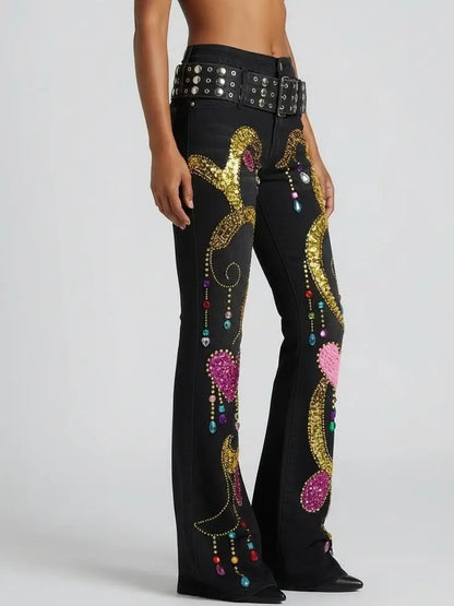 Crystal-Embellished Black Flared Jeans with Studded Belt - Jeans & Pants