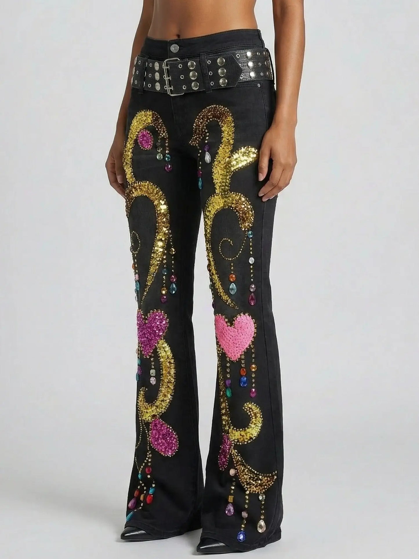 Crystal-Embellished Black Flared Jeans with Studded Belt - Jeans & Pants