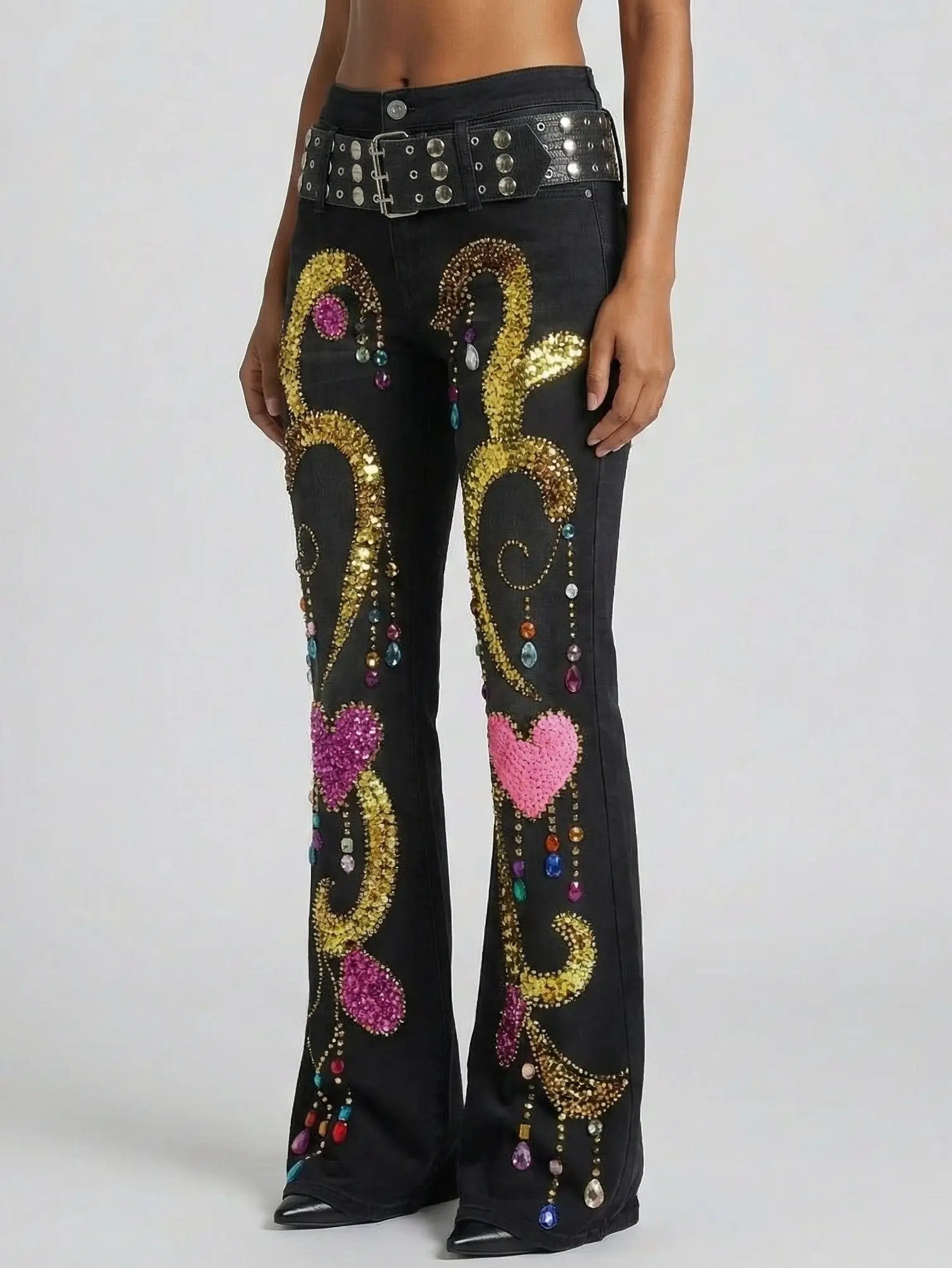Crystal-Embellished Black Flared Jeans with Studded Belt - Jeans & Pants