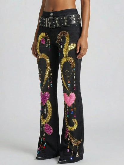 Crystal-Embellished Black Flared Jeans with Studded Belt - Jeans & Pants