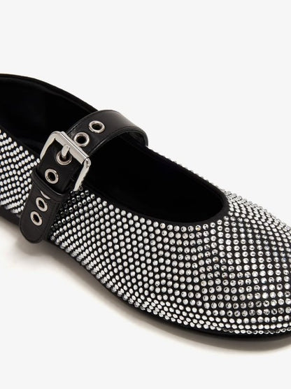 Women’s Crystal-Embellished Black Leather Ballerina Flats Branna Couture