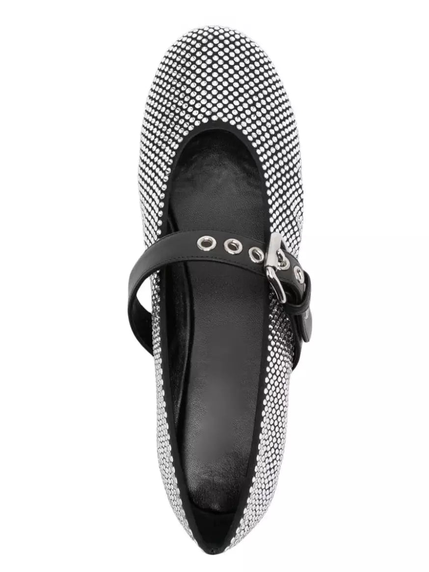 Women’s Crystal-Embellished Black Leather Ballerina Flats Branna Couture