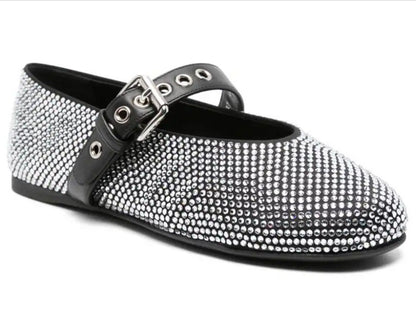 Women’s Crystal-Embellished Black Leather Ballerina Flats Branna Couture