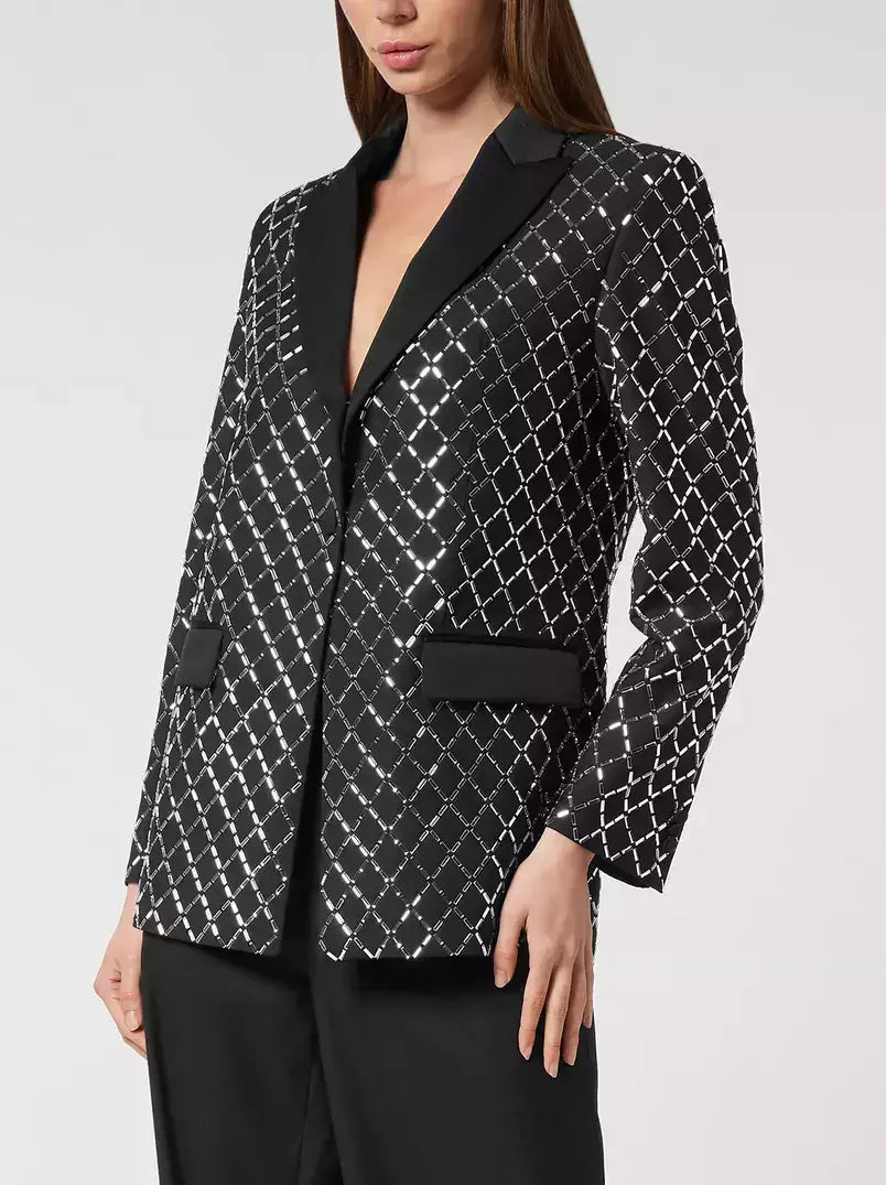 Crystal-Embellished Black Satin-Trim Blazer - Jackets