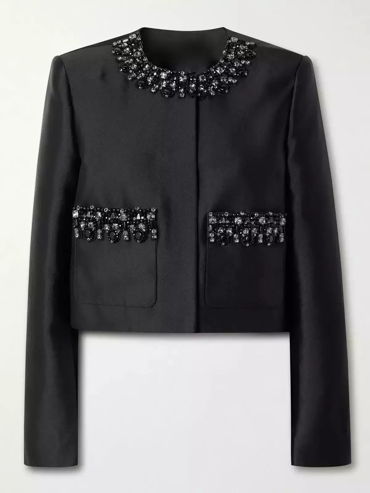 Crystal-Embellished Black Taffeta Jacket - Jackets