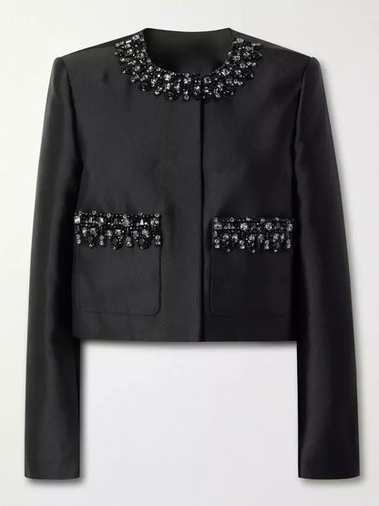 Crystal-Embellished Black Taffeta Jacket - Jackets