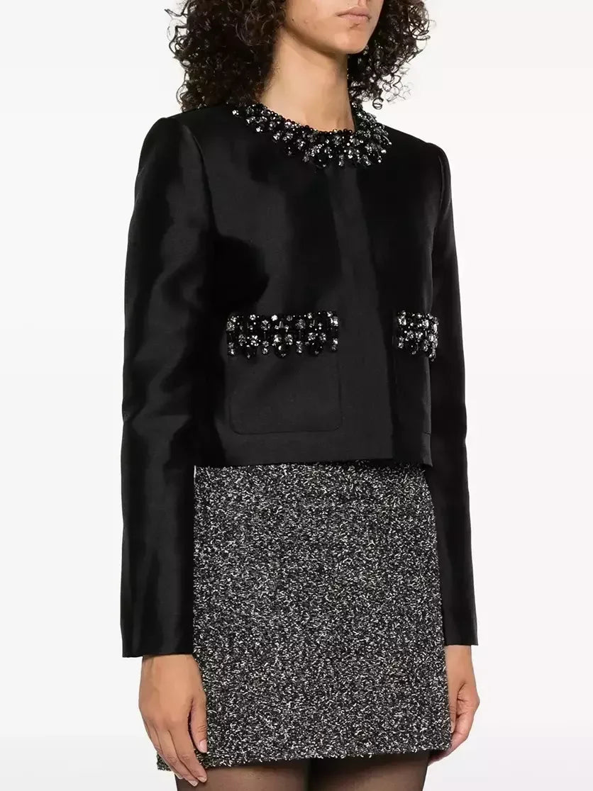 Crystal-Embellished Black Taffeta Jacket - Jackets