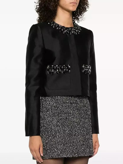 Crystal-Embellished Black Taffeta Jacket - Jackets
