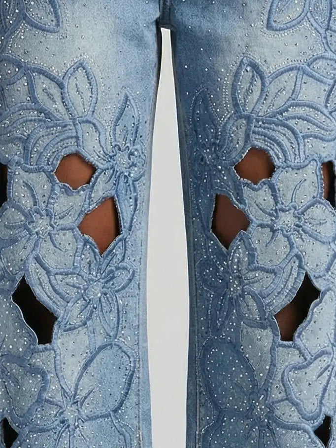 Crystal-Embellished Floral Cut-Out Jeans - Jeans & Pants