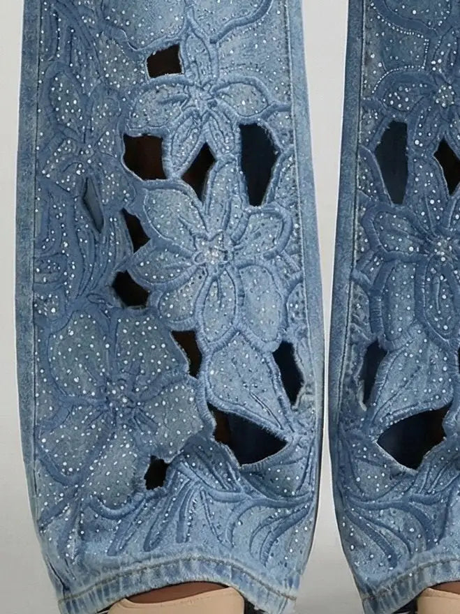 Crystal-Embellished Floral Cut-Out Jeans - Jeans & Pants