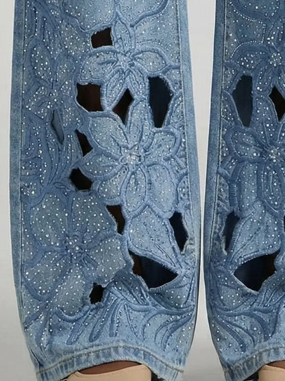Crystal-Embellished Floral Cut-Out Jeans - Jeans & Pants