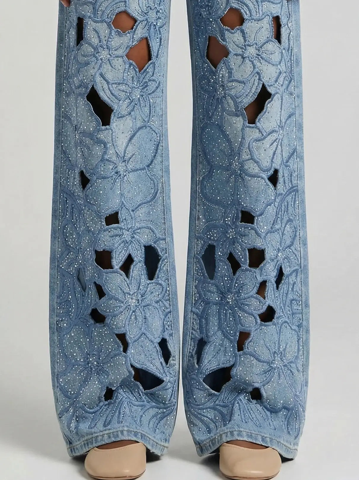 Crystal-Embellished Floral Cut-Out Jeans - Jeans & Pants