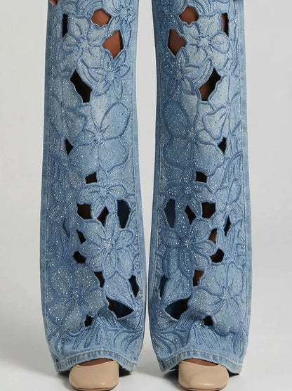 Crystal-Embellished Floral Cut-Out Jeans - Jeans & Pants
