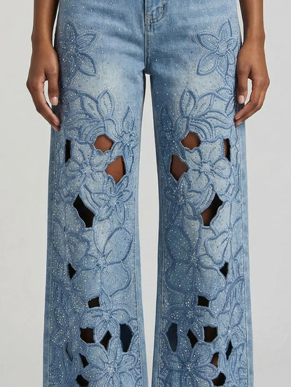 Crystal-Embellished Floral Cut-Out Jeans - Jeans & Pants