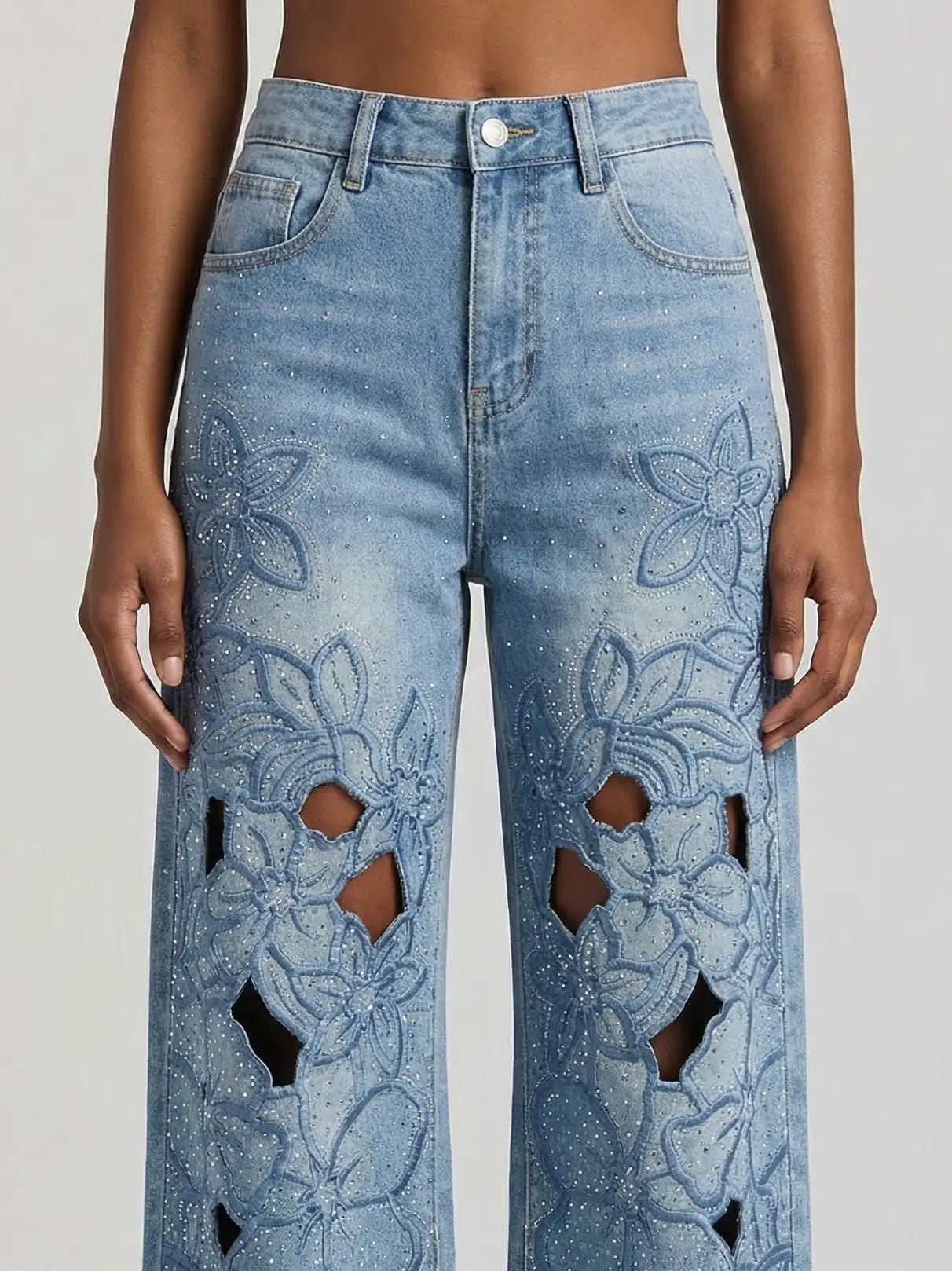 Crystal-Embellished Floral Cut-Out Jeans - Jeans & Pants