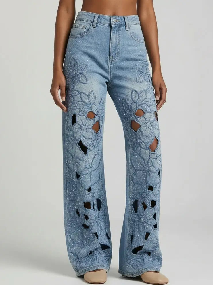 Crystal-Embellished Floral Cut-Out Jeans - Jeans & Pants