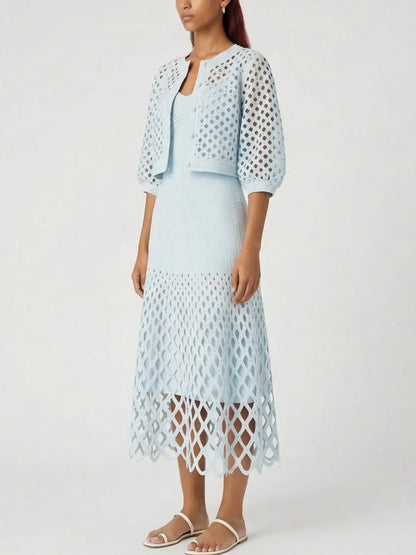 Crystal-Embellished Knit Cardigan and Midi Dress Set - Suits & Sets