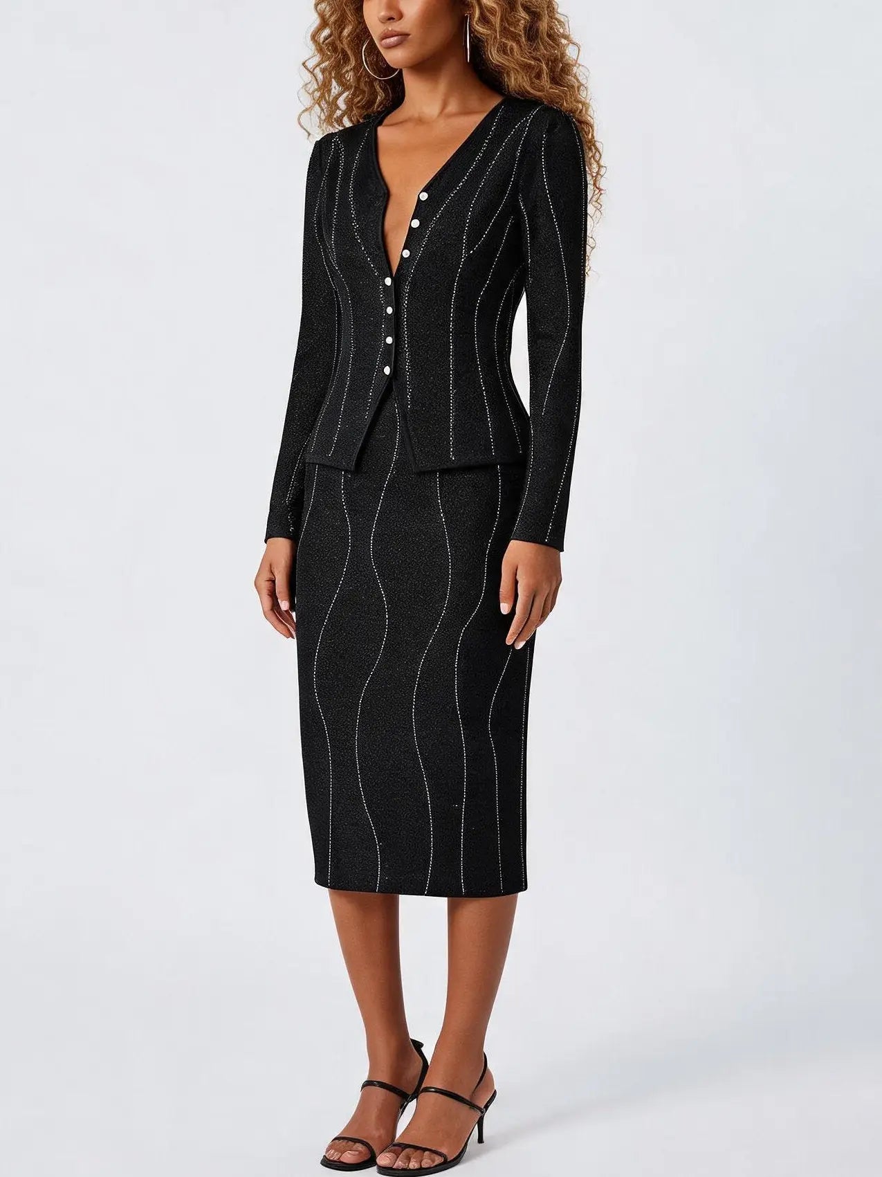Bead-Embellished Wool and Silk Top and Skirt Set in Black - Suits & Sets