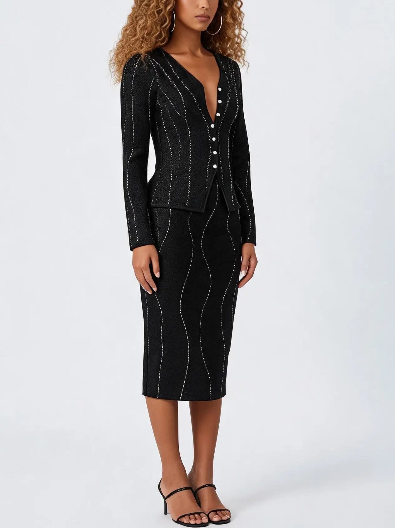 Bead-Embellished Wool and Silk Top and Skirt Set in Black - Suits & Sets
