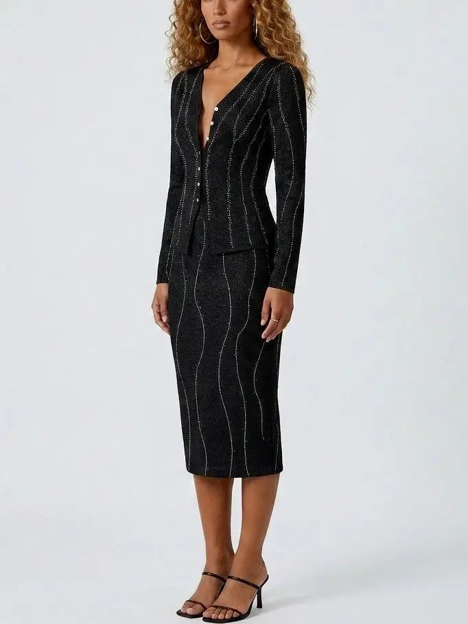 Bead-Embellished Wool and Silk Top and Skirt Set in Black - Suits & Sets