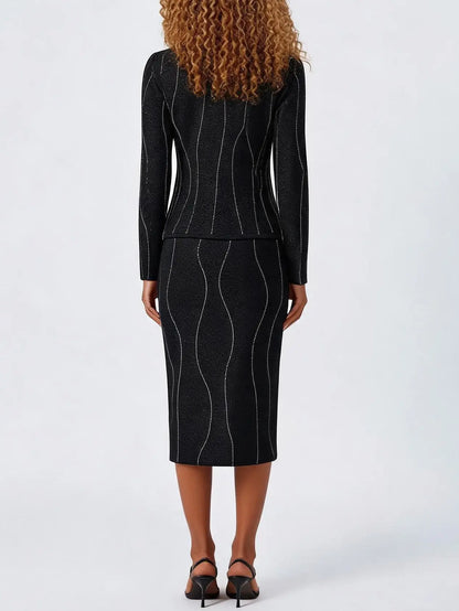 Bead-Embellished Wool and Silk Top and Skirt Set in Black - Suits & Sets