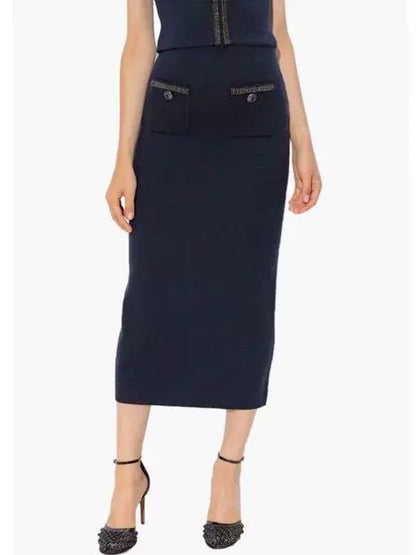 Crystal-Embellished Pocket Knit Midi Skirt in Navy Branna Couture