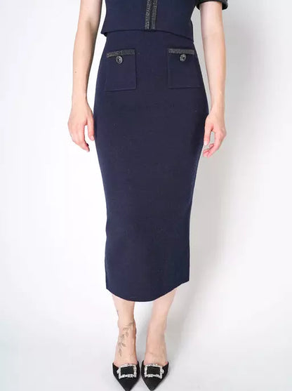 Crystal-Embellished Pocket Knit Midi Skirt in Navy Branna Couture