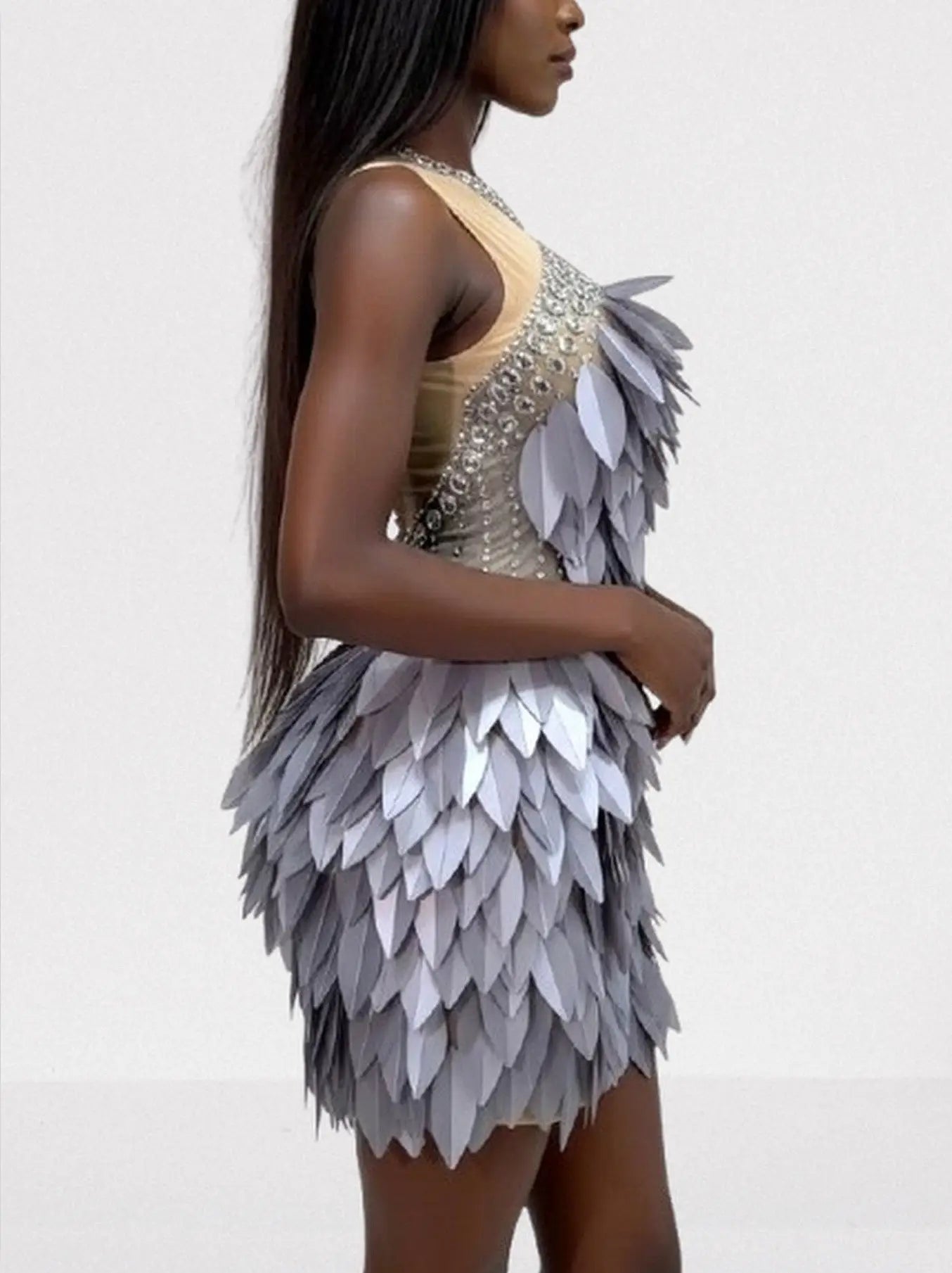 Crystal-Embellished Leaf-Appliqué Mini Dress - Dresses