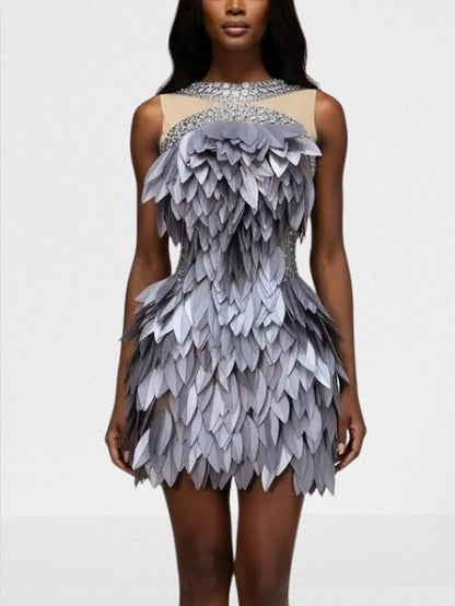 Crystal-Embellished Leaf-Appliqué Mini Dress - Dresses