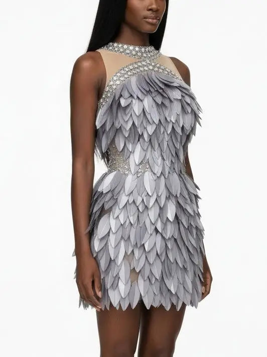 Crystal-Embellished Leaf-Appliqué Mini Dress - Dresses