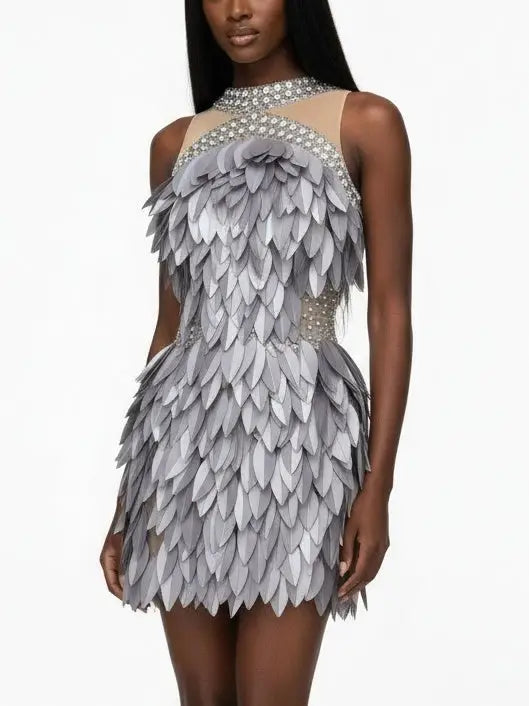 Crystal-Embellished Leaf-Appliqué Mini Dress - Dresses