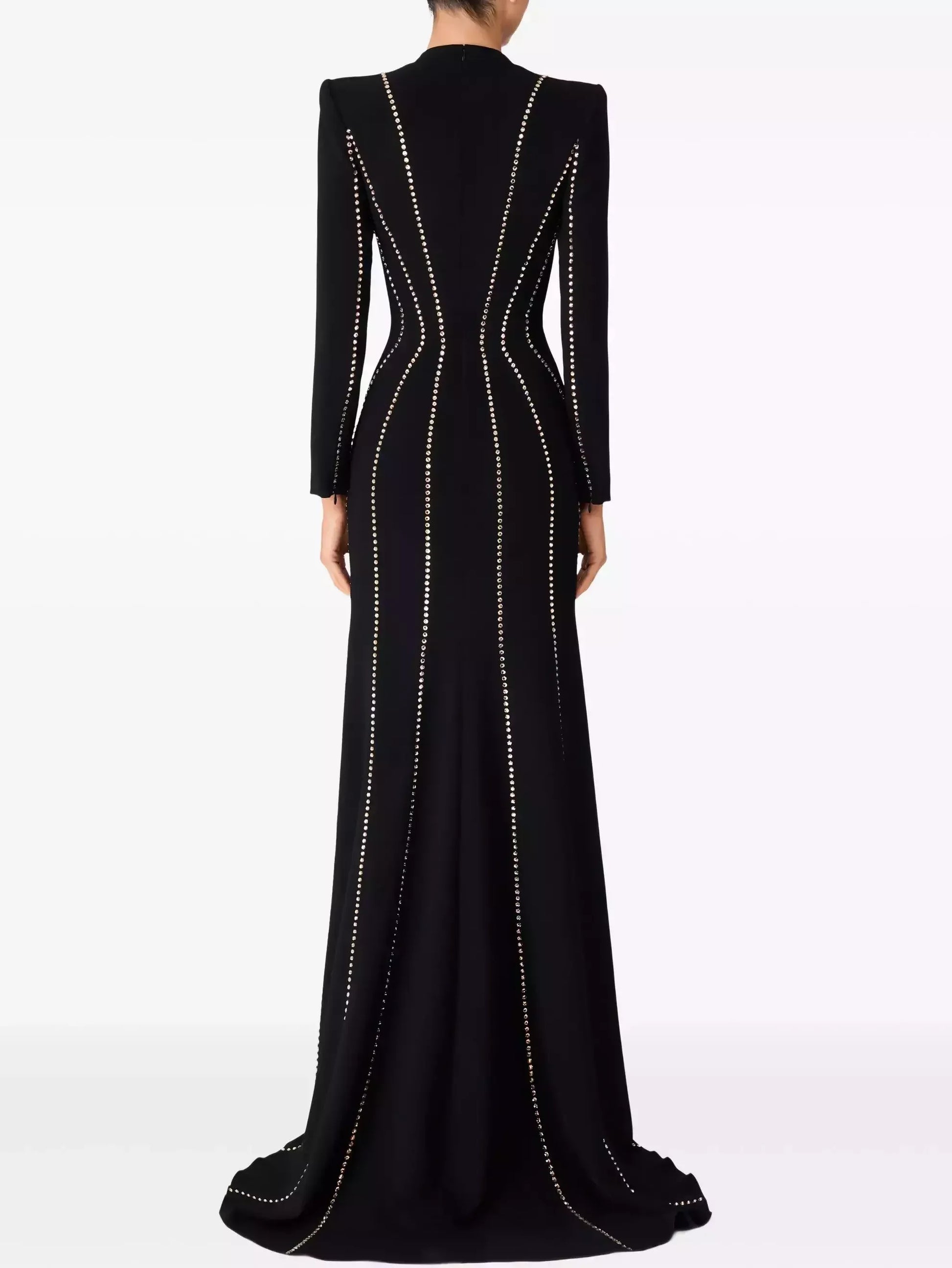 Crystal-Embellished Long Black Crepe Gown - Dresses