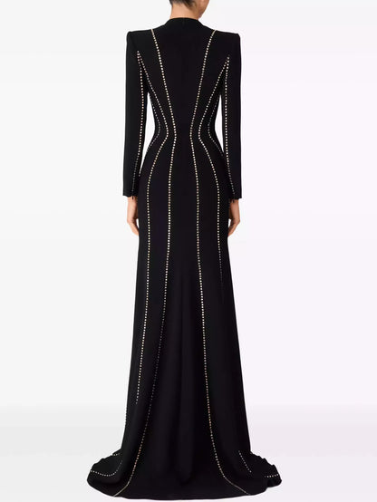 Crystal-Embellished Long Black Crepe Gown - Dresses