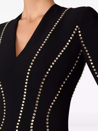 Crystal-Embellished Long Black Crepe Gown - Dresses