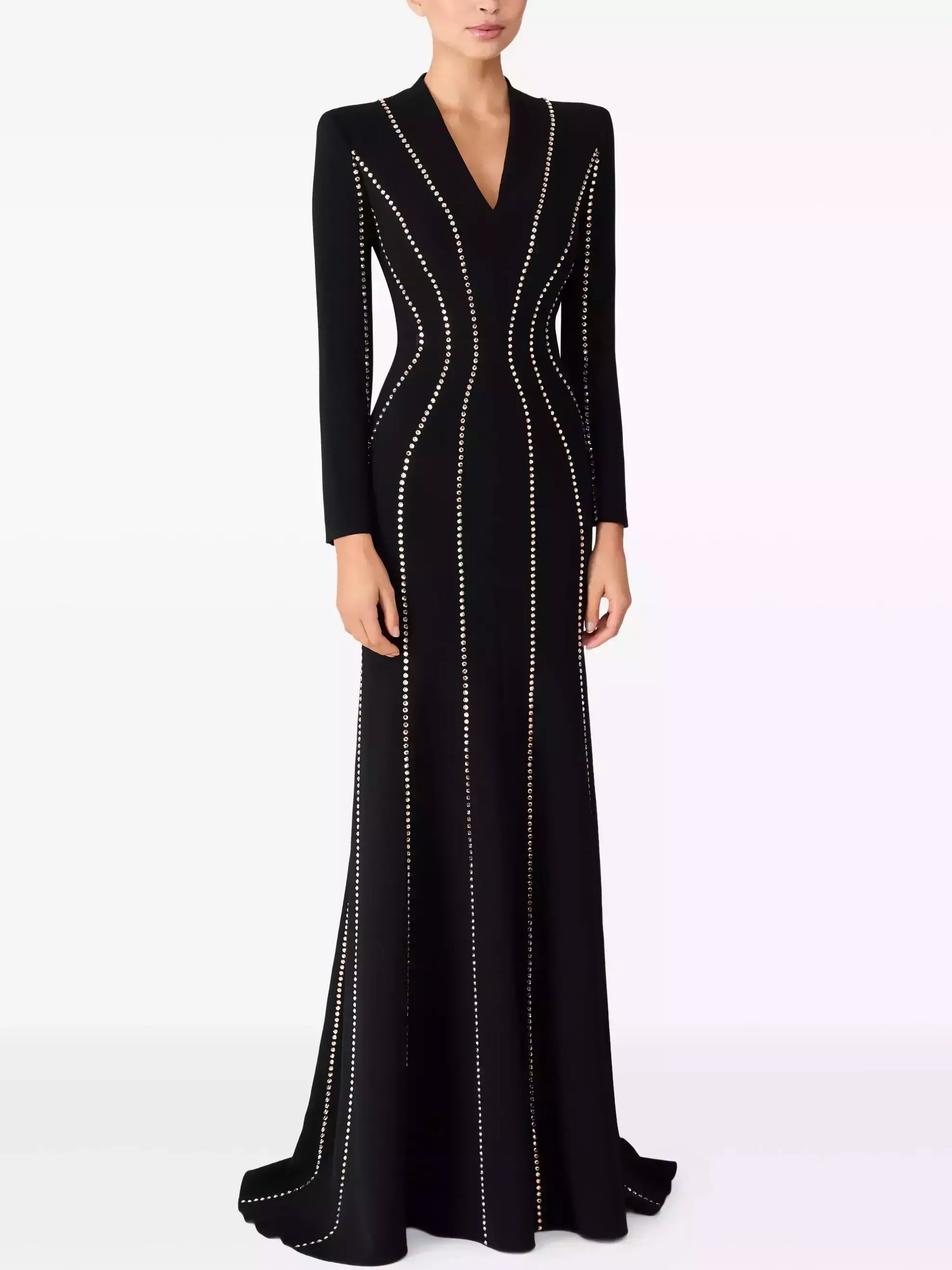 Crystal-Embellished Long Black Crepe Gown - Dresses