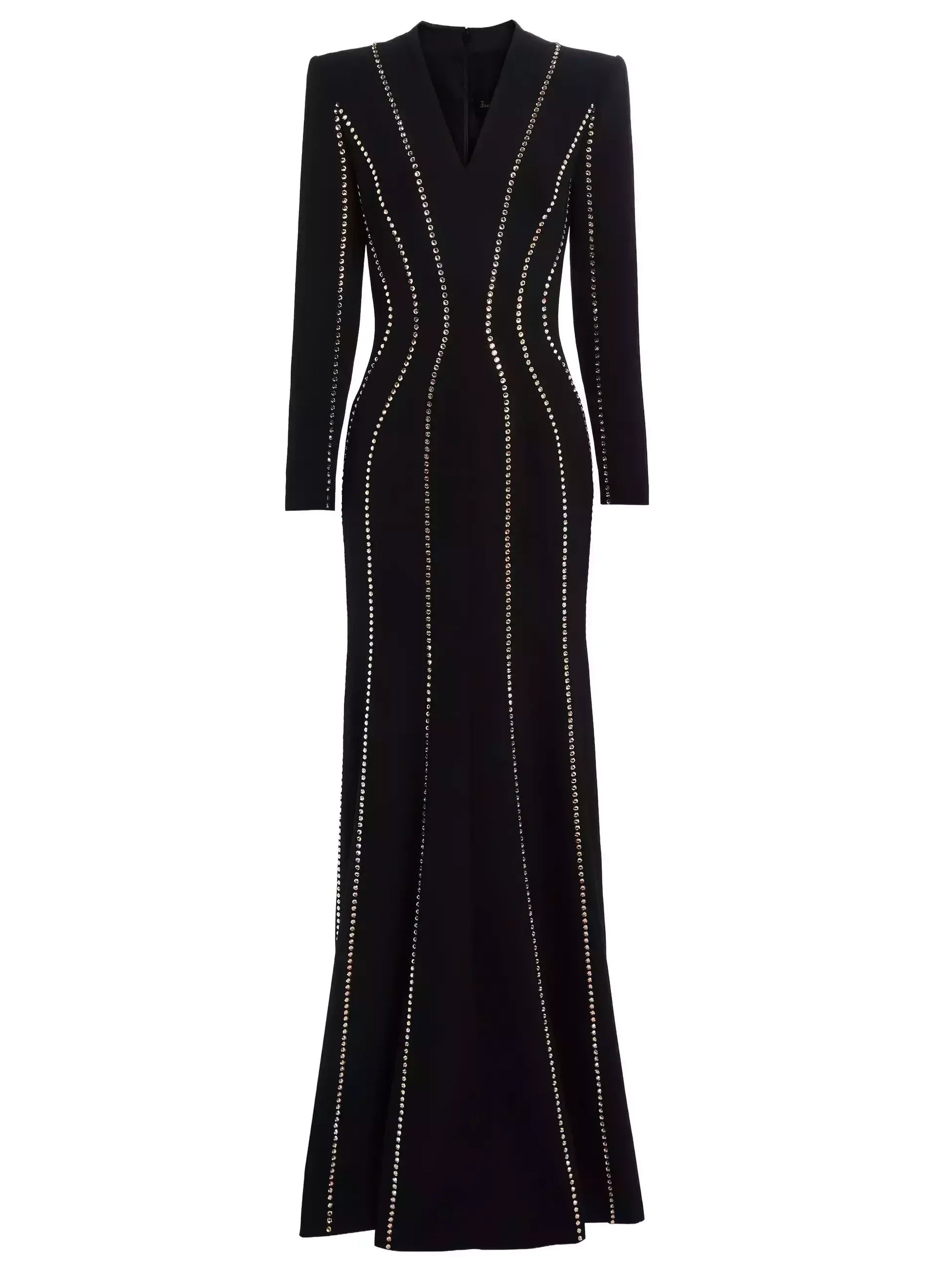 Crystal-Embellished Long Black Crepe Gown - Dresses
