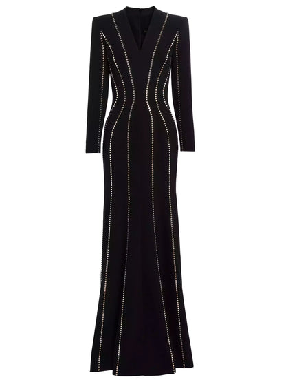 Crystal-Embellished Long Black Crepe Gown - Dresses