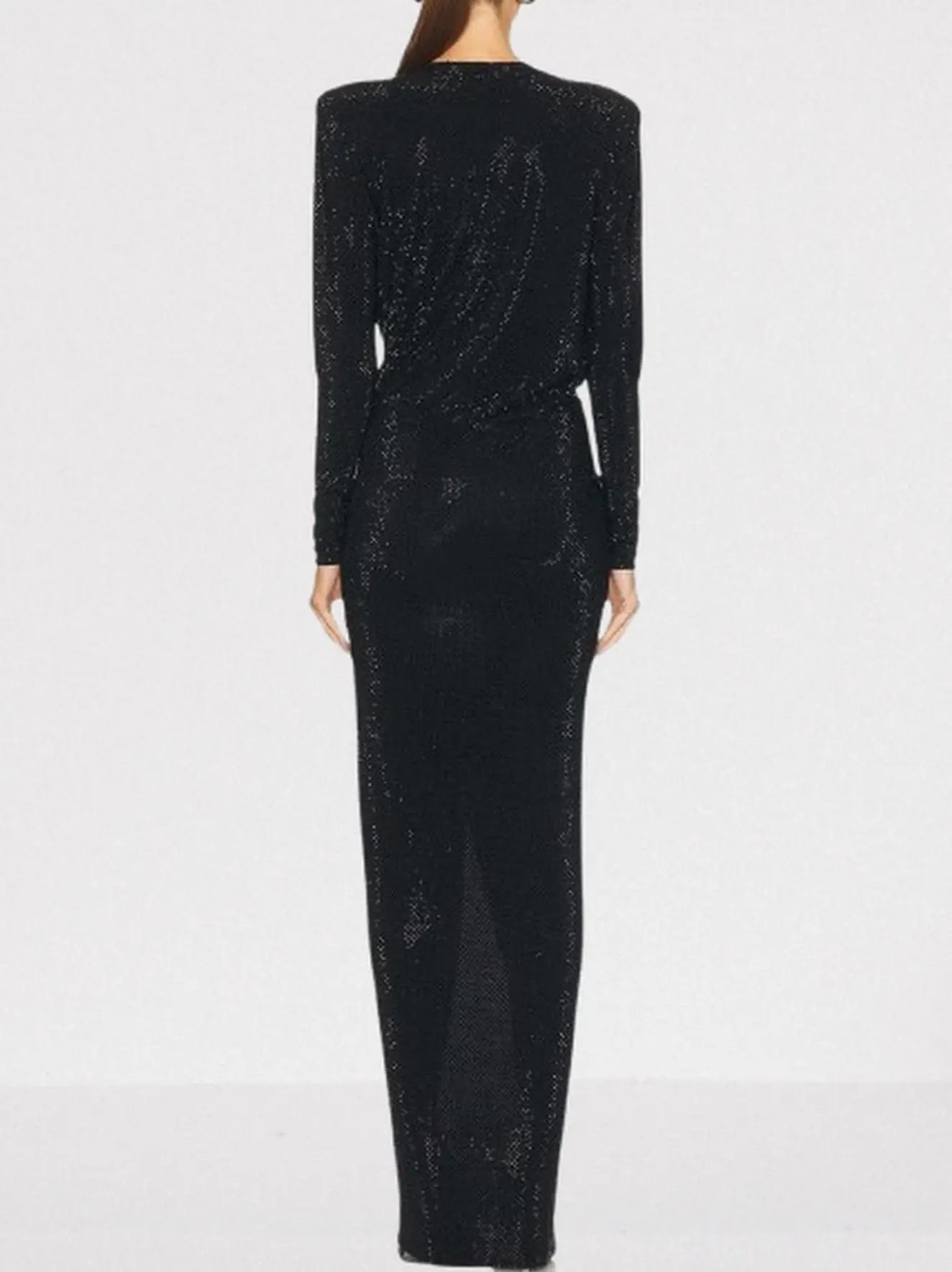 Crystal-Embellished Long Black Gathered Evening Dress - Dresses