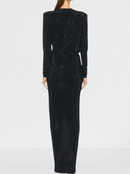 Crystal-Embellished Long Black Gathered Evening Dress - Dresses
