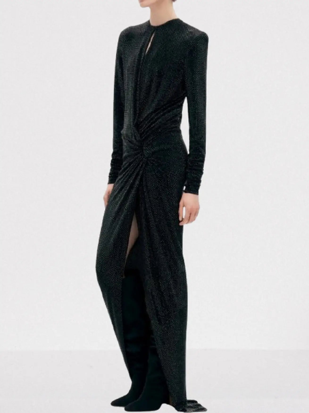 Crystal-Embellished Long Black Gathered Evening Dress - Dresses