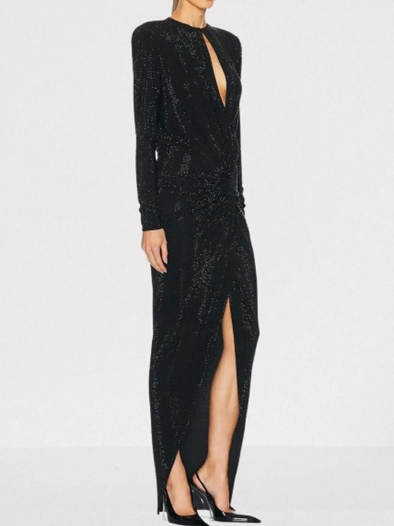 Crystal-Embellished Long Black Gathered Evening Dress - Dresses