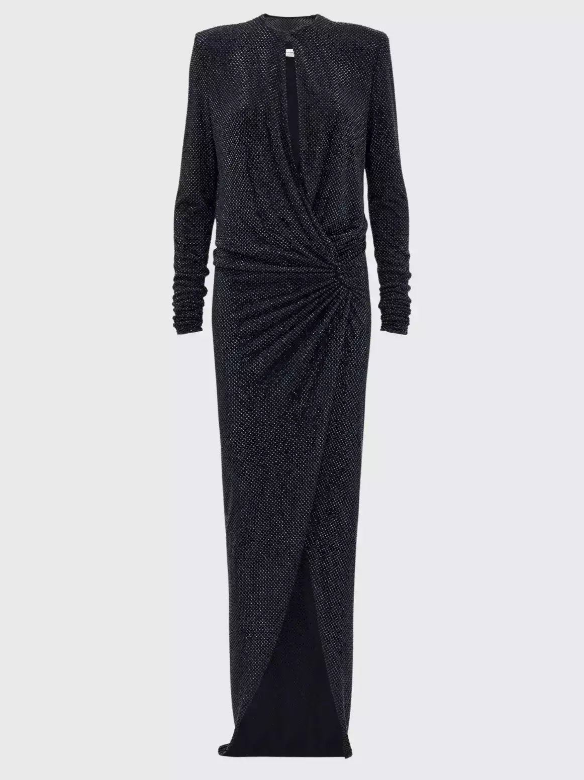 Crystal-Embellished Long Black Gathered Evening Dress - Dresses