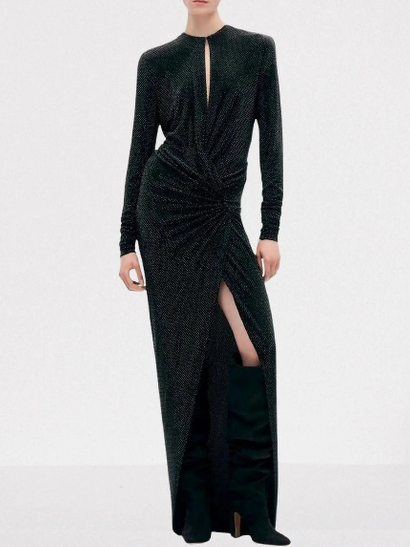 Crystal-Embellished Long Black Gathered Evening Dress - Dresses