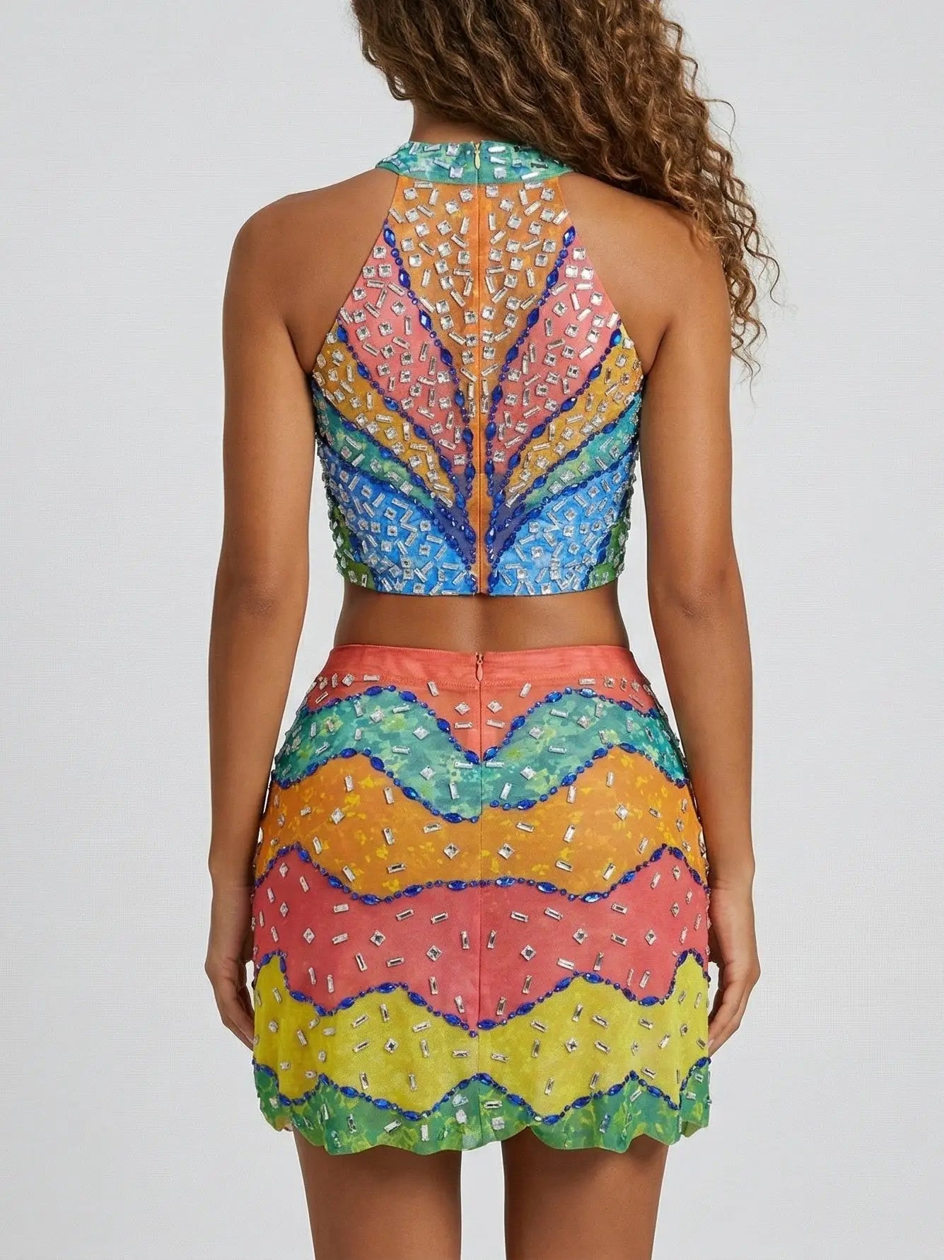 Crystal-Embellished Multicolor Crop Top and Skirt Set - Suits & Sets
