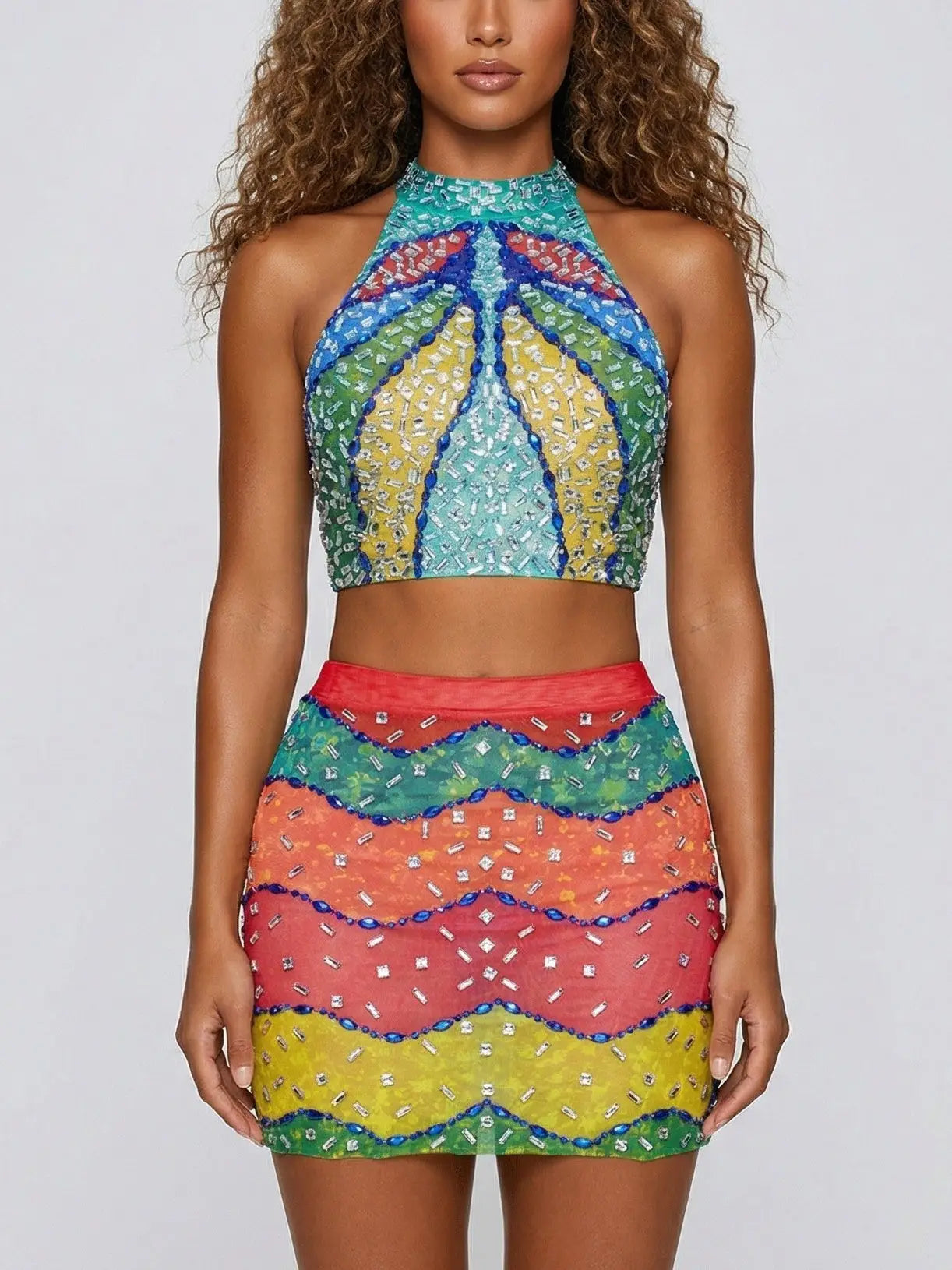 Crystal-Embellished Multicolor Crop Top and Skirt Set - Suits & Sets